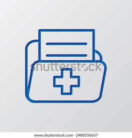 Medical history, folder simple icon vector. Flat design. Paper cut design. Cutted blue symbol with shadow. Gray background.ai