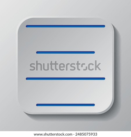 Text alignment icon, vector. Flat design. Paper cut design. Cutted blue symbol with shadow. Gray badge button, gray background.ai