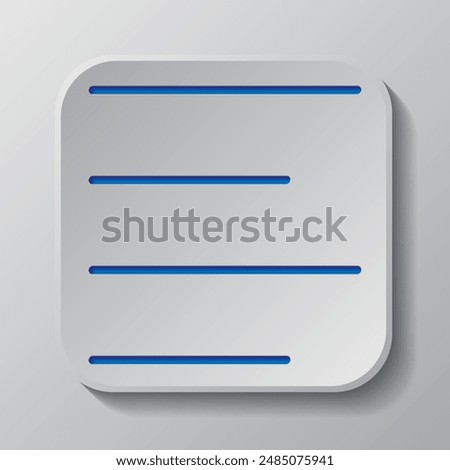Text alignment icon vector. Flat design. Paper cut design. Cutted blue symbol with shadow. Gray badge button, gray background.ai