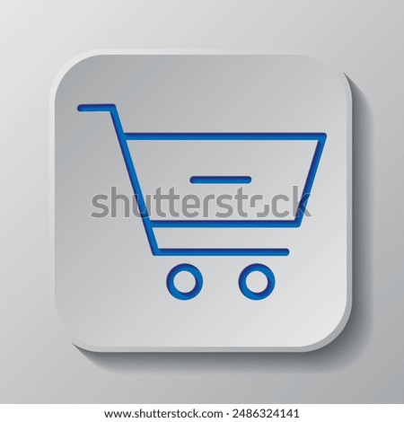 Shopping cart, minus simple icon vector. Flat design. Paper cut design. Cutted blue symbol with shadow. Gray badge button, gray background.ai