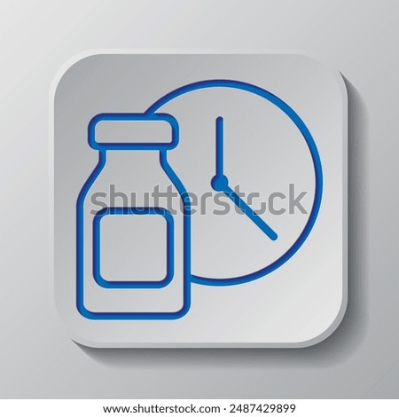 Vial bottle, vaccination time simple icon vector. Flat design. Paper cut design. Cutted blue symbol with shadow. Gray badge button, gray background.ai