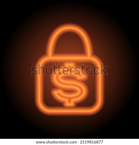 Lock, dollar simple icon vector. Flat design. Orange neon on black background.ai