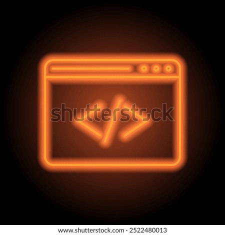 Browser, coding simple icon vector. Flat design. Orange neon on black background.ai