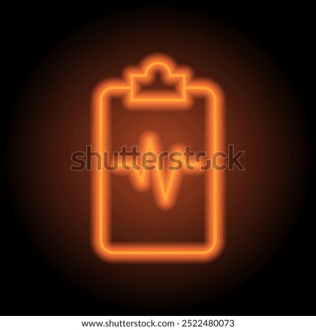 Clipboard with pulse line simple icon vector. Flat design. Orange neon on black background.ai