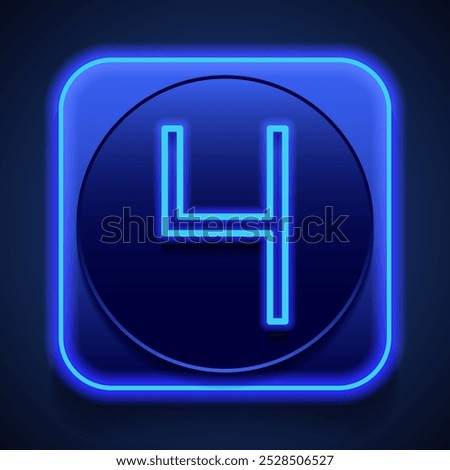 Number four, numeral simple icon vector. Flat design. Blue neon style on button. With shadow.ai