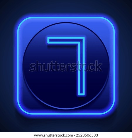 Number seven, numeral simple icon vector. Flat design. Blue neon style on button. With shadow.ai