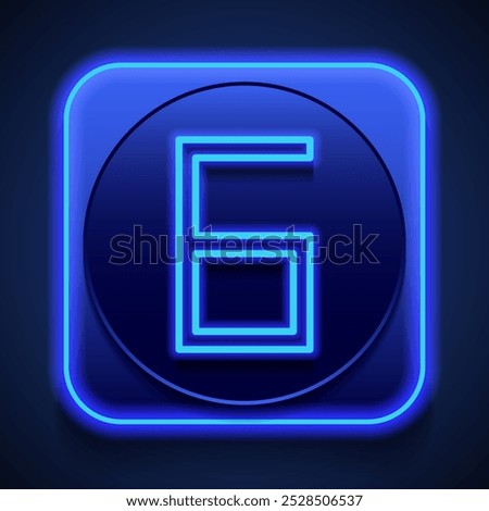 Number six, numeral simple icon vector. Flat design. Blue neon style on button. With shadow.ai