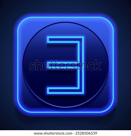 Number three, numeral simple icon vector. Flat design. Blue neon style on button. With shadow.ai