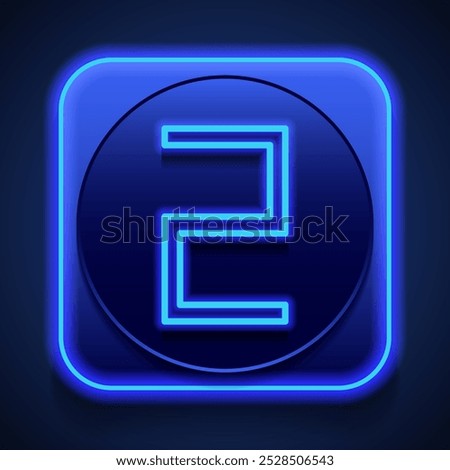 Number two, numeral simple icon vector. Flat design. Blue neon style on button. With shadow.ai