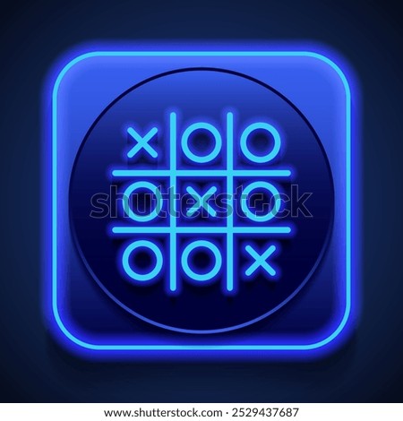 Tic tac toe simple icon. Flat design. Blue neon style on button. With shadow.ai