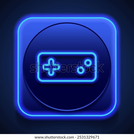 Gamepad simple icon vector. Flat design. Blue neon style on button. With shadow.ai