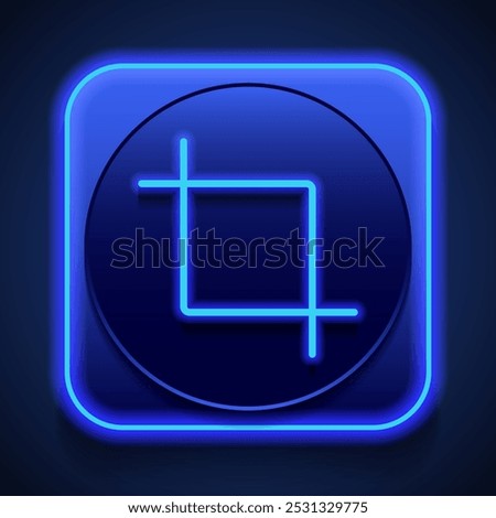 Crop tool simple icon vector. Flat design. Blue neon style on button. With shadow.ai