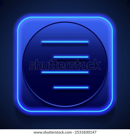 Text alignment simple icon vector. Flat design. Blue neon style on button. With shadow.ai