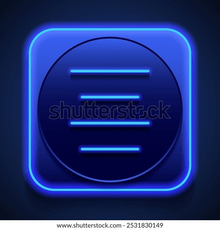 Text alignment icon, vector. Flat design. Blue neon style on button. With shadow.ai