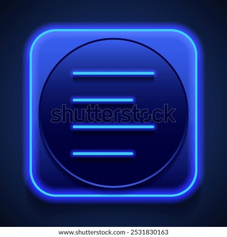 Text alignment icon vector. Flat design. Blue neon style on button. With shadow.ai