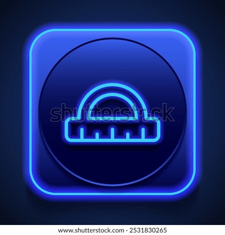 Protactor, ruler simple icon vector. Flat design. Blue neon style on button. With shadow.ai