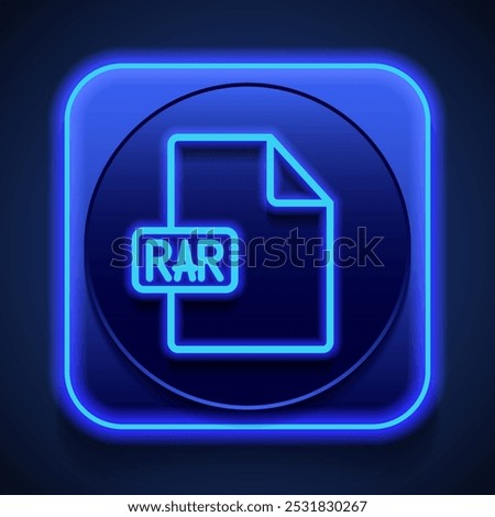 RAR file simple icon vector. Flat design. Blue neon style on button. With shadow.ai