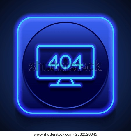 404, error simple icon, vector. Flat design. Blue neon style on button. With shadow.ai