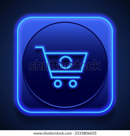 Shopping cart, refresh, loading simple icon vector. Flat design. Blue neon style on button. With shadow.ai