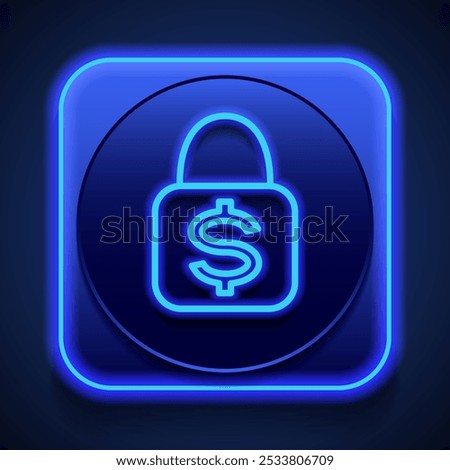 Lock, dollar simple icon vector. Flat design. Blue neon style on button. With shadow.ai