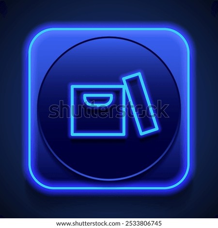 Open box icon vector. Flat design. Blue neon style on button. With shadow.ai