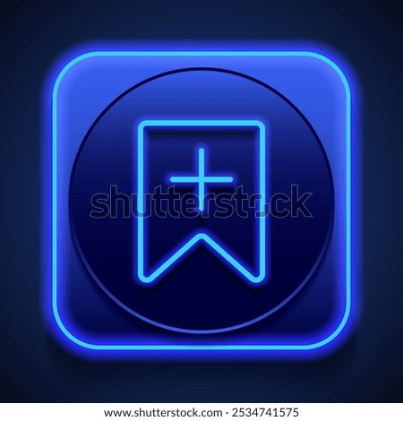 Bookmark, add simple icon vector. Flat design. Blue neon style on button. With shadow.ai