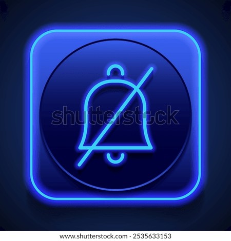 Mute notifications, silent, no sound, no bell simple icon vector. Flat design. Blue neon style on button. With shadow.ai