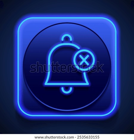 Mute notifications, silent, no sound, no bell logo simple icon vector. Flat design. Blue neon style on button. With shadow.ai