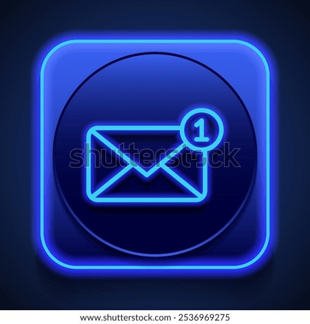 Message Notification simple icon vector. Flat design. Blue neon style on button. With shadow.ai