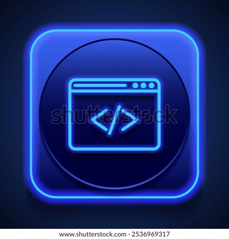 Browser, coding simple icon vector. Flat design. Blue neon style on button. With shadow.ai