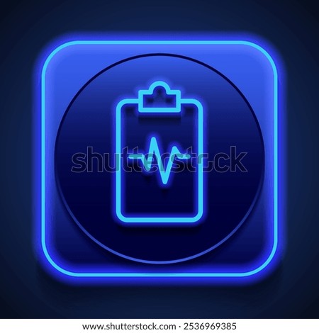 Clipboard with pulse line simple icon vector. Flat design. Blue neon style on button. With shadow.ai