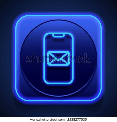 Phone notification, message simple icon vector. Flat design. Blue neon style on button. With shadow.ai