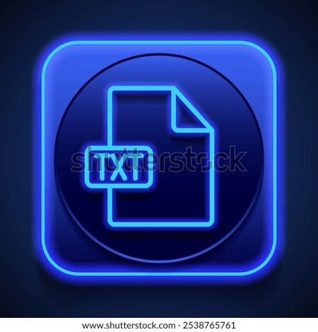 TXT file simple icon vector. Flat design. Blue neon style on button. With shadow.ai