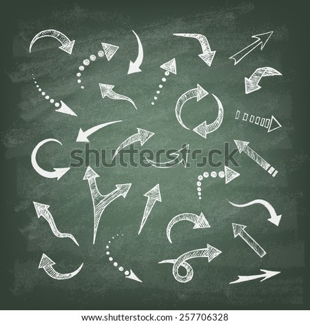 Vector hand drawn arrows icons set on the green blackboard. Abstract vector illustration.