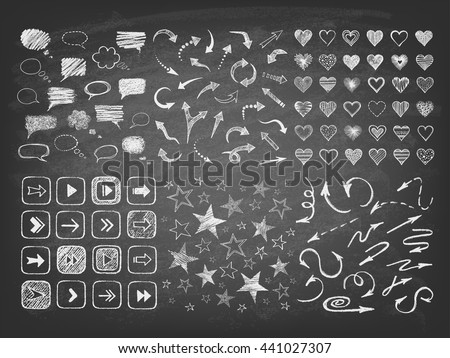 Talking bubble set and collection of stars, arrows, hearts on the blackboard. Set of hand drawn symbols. Vector illustration.
