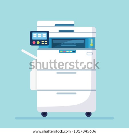 Printer, office machine. Scanner, copy, fax equipment. Multifunction device. Paperwork concept. Vector cartoon design