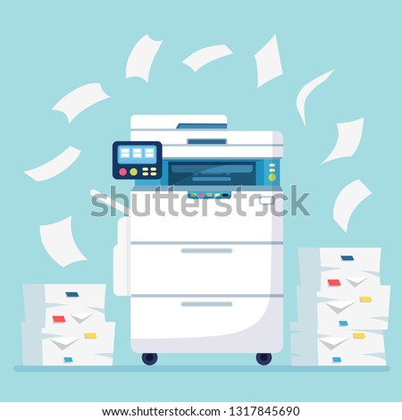 Printer, office machine with paper, document stack. Scanner, copy equipment. Paperwork. Multifunction device. Vector cartoon design