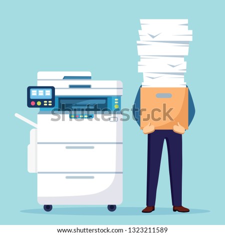 Pile of paper, busy businessman with stack of documents in carton, cardboard box. Paperwork with printer, office multifunction machine. Bureaucracy concept. Stressed employee. Vector cartoon design