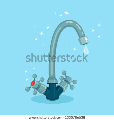 Water tap with drop isolated on background. Faucet drip, leak. Save environment concept. Vector cartoon design
