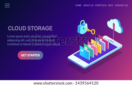 Cloud storage technology. Data backup. 3d isometric smartphone, mobile phone with folders isolated on background. Hosting service for website. Vector design for banner