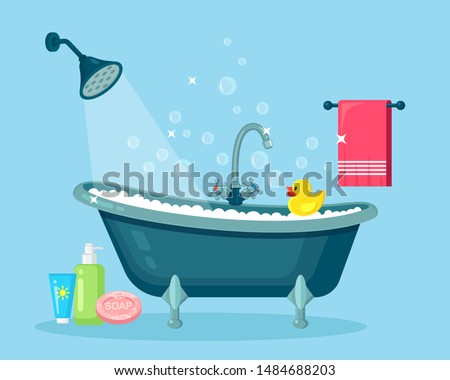 Bath full of foam with bubbles isolated on background. Bathroom interior. Shower taps, soap, bathtub, rubber duck and pink towel. Comfortable equipment for bathing and relaxing. Vector flat design
