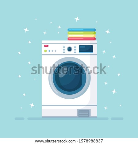 Washing machine  with stack of dry clothing isolated on background. 
Electronic laundry equipment for housekeeping. Vector flat design