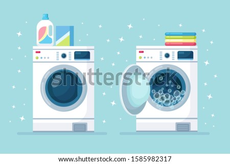 Opened and closed washing machine with stack of dry clothing and detergent isolated on background. 
Electronic laundry equipment for housekeeping. Vector flat design