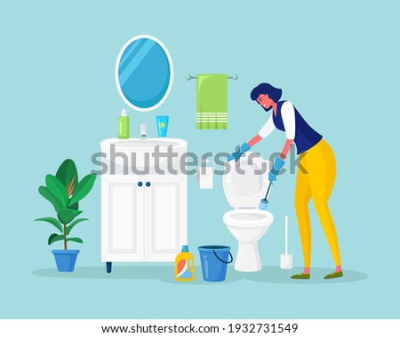 Woman cleaning bathroom. Housewife washes toilet bowl with detergent in bucket. Lavatory room with sink, towel, mirror and shelf. Vector illustration