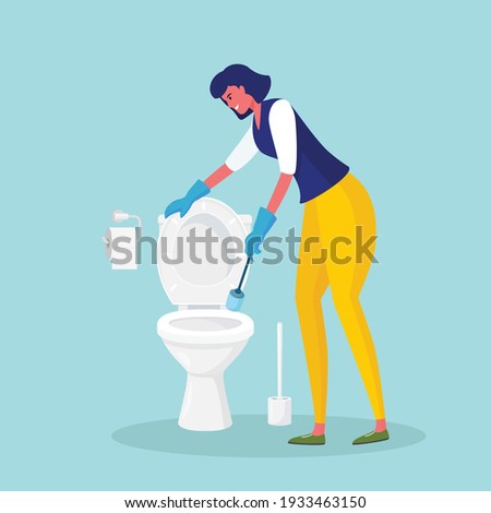 Woman cleaning bathroom. Housewife washes toilet bowl with brush. Lavatory room. Vector illustration
