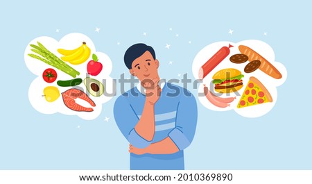 Man choosing between healthy and unhealthy food. Fast Food and balanced menu comparison, dieting. Choice between Good and bad nutritions. Vector illustration