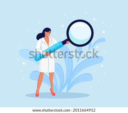 Tiny female doctor in medical robe holding huge magnifier in hands. Hospital Healthcare Staff at Work. Medical test research, examination of patient concept. Vector illustration