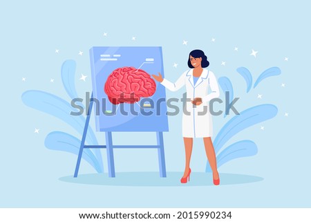 Doctor pointing on demonstration board with human brain explain its opportunities. Physician or scientist teaching about alzheimer, dementia disease symptoms, mental sickness. Medical conference. Foto stock © 