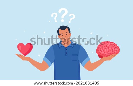 Young Man Hold Brain and Heart in Hands. Choosing between Feelings and Mind, Career or Hobby, Love or Work. Male Character Making Life Decision. Vector illustration
