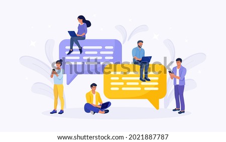 People sitting on speech bubbles for dialogue, comment and reply. Businessmen using phone and laptop for texting, communicating on social networks. Chatting in search of ideas, problem solving